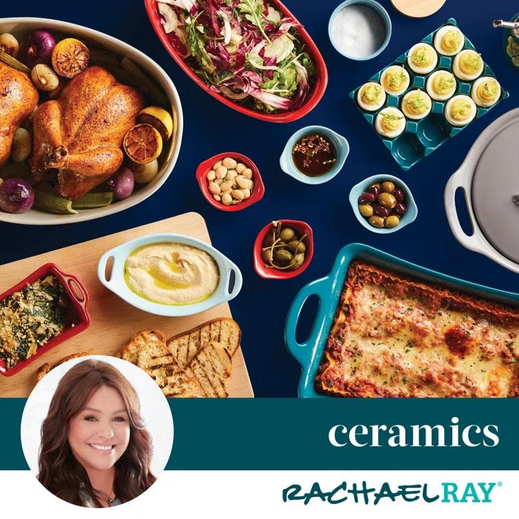 Rachael Ray Rachael Ray Ceramic Casserole Bakers Set, Includes 1.5-Quart And 2-Quart Round Casserole, With Shared Lid, 3 Piece, Red