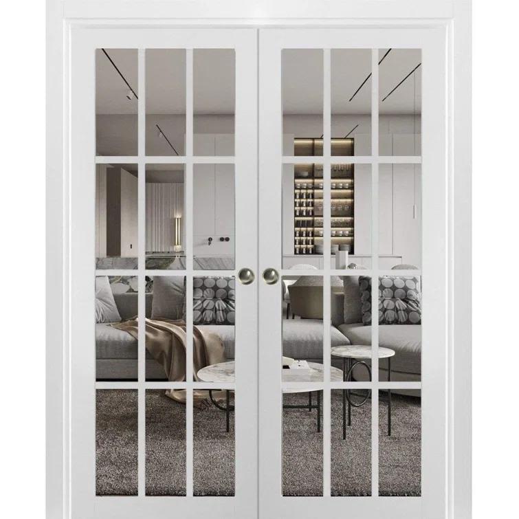 SARTODOORS Sliding French Double Pocket Doors 12 Lites | Felicia 3355 With Clear Glass | Kit Trims Rail Hardware | Solid Wood Interior Bedroom Sturdy Doors