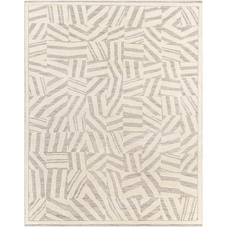 Rectangular Gray and Off-White Wool Geometric Area Rug