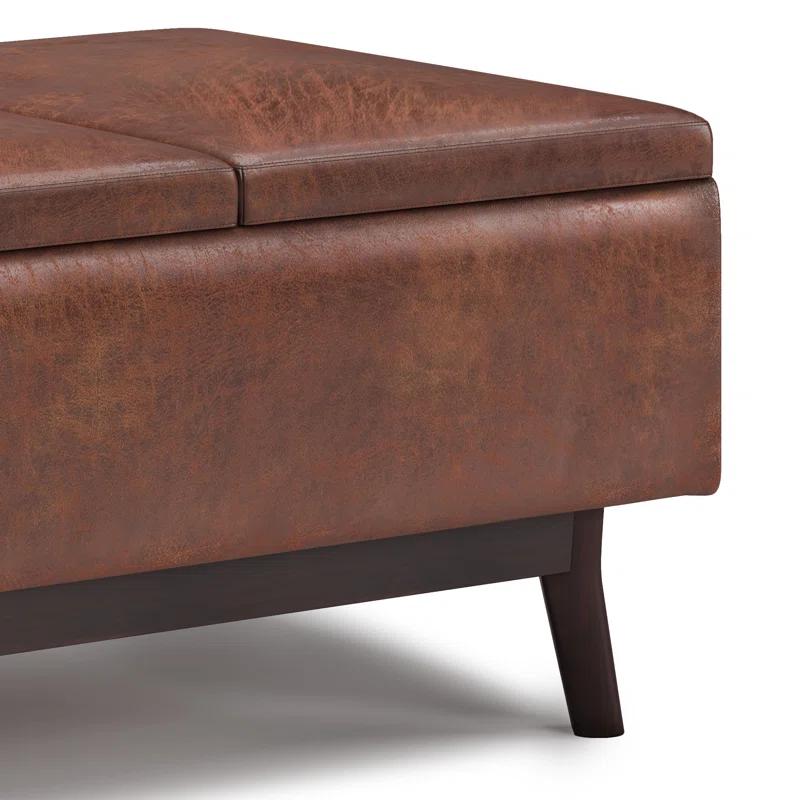 Simpli Home Owen 34"W Small Upholstered Coffee Table Storage Ottoman with Flip-Over Tray Top and Solid Wood Legs