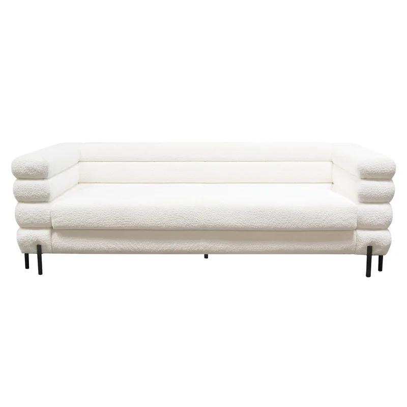 91.25'' White Tufted Fabric Sofa with Metal Legs