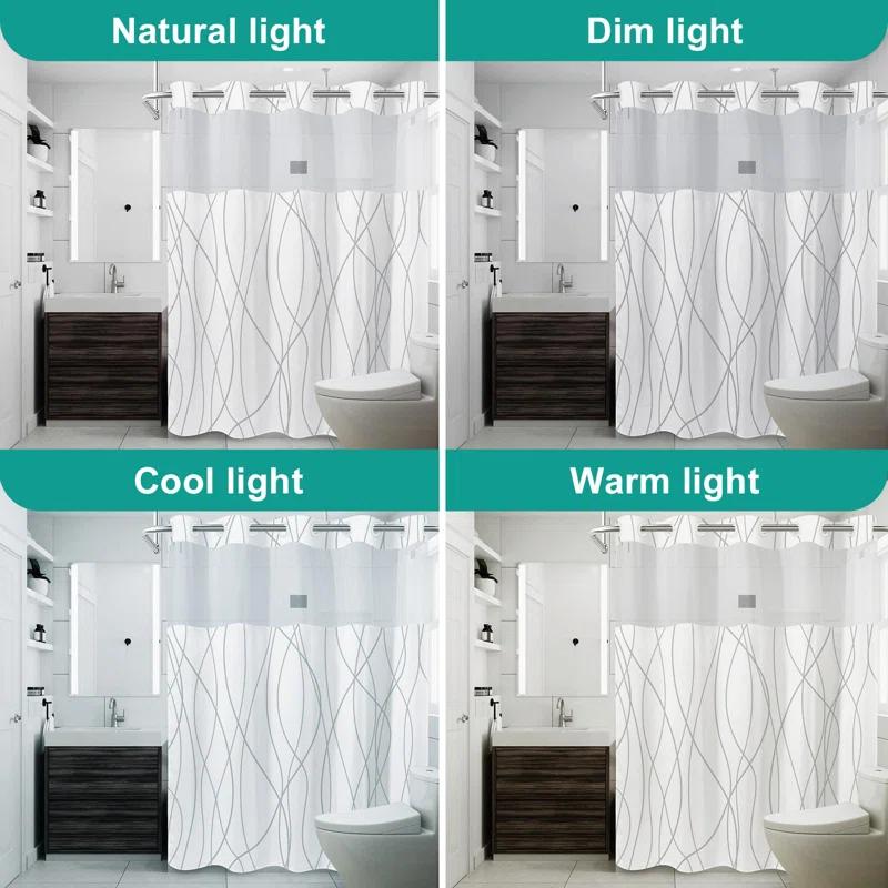 Ivy Bronx No Hook Grey White Striped Shower Curtain With Snap In Fabric Liner Set - Hotel Liner Set With See Through Mesh Top Window,Machine Washable, 71X74 INCH