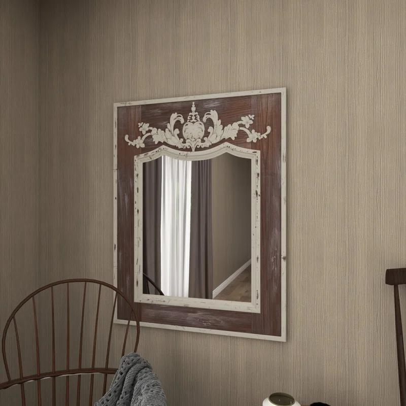 Ophelia & Co. Eberhart Wood Vintage Inspired Acanthus Scroll Floral Brown Wall Mirror with Distressed Cream Accents
