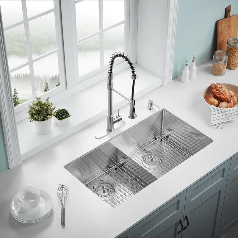 Serene Valley UDG3622R 36 in. Double Bowl Undermount Kitchen Sink, Thin Divider and Heavy-Duty Grids