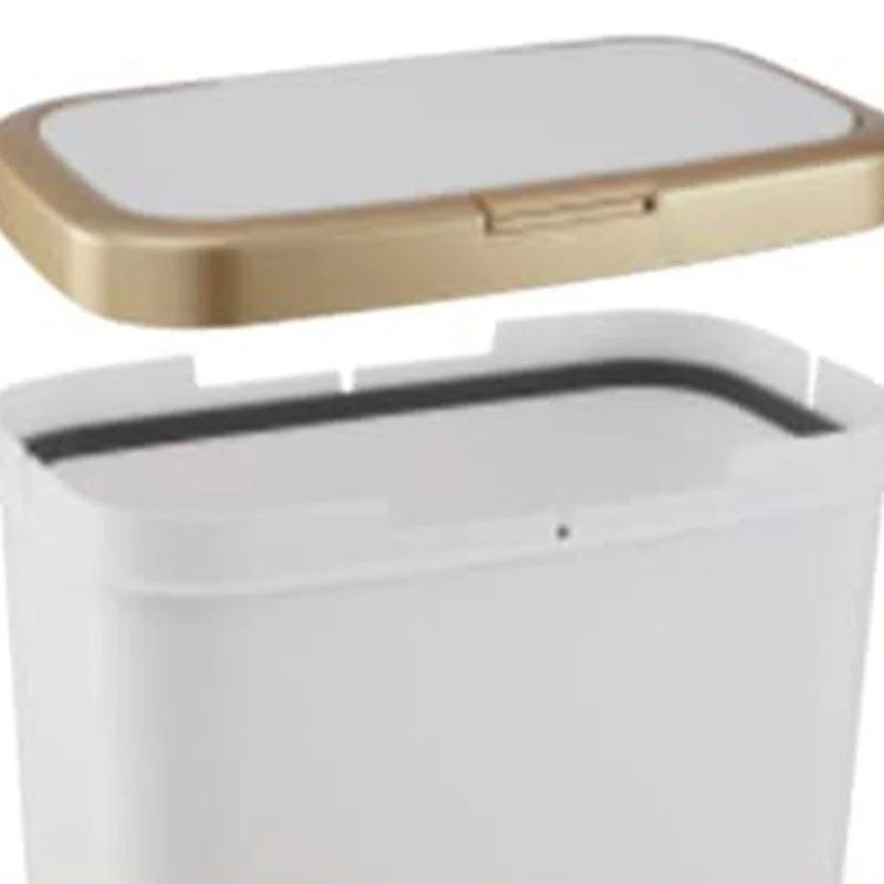 LIKOBI Trash Can with Lid,Bathroom Trash Can with Gold Edge,Slim Plastic Trash Bin for Bedroom,4 Gallon