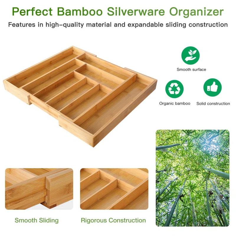 Prep & Savour Bamboo Expandable Drawer Organizer For Utensils Holder, Adjustable Cutlery Tray, Wood Drawer Dividers Organizer For Silverware, Flatware, Knives In Kitchen, Bedroom, Living Room | Wayfair
