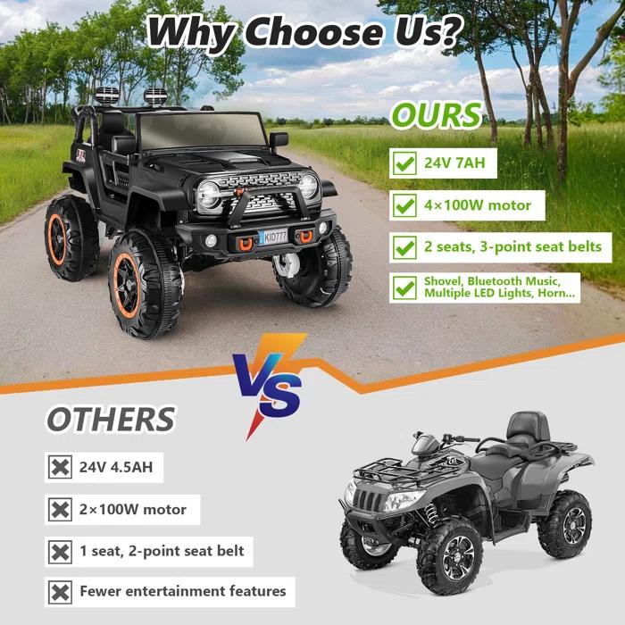 Ancheer 24V Real 2 Seater Ride On Toys Electric SUV Jeep Car With Remote Control,2WD/4WD Switchable, 4X100W Motor, Bluetooth, Music, USB, Lights