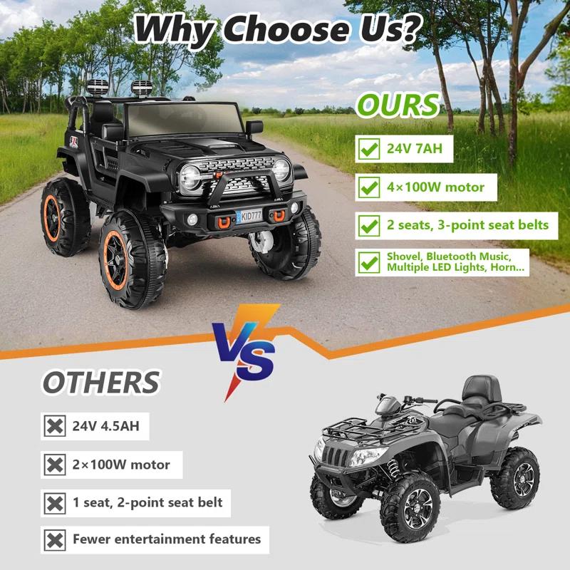 Ancheer 24V Real 2 Seater Ride On Toys Electric SUV Jeep Car With Remote Control,2WD/4WD Switchable, 4X100W Motor, Bluetooth, Music, USB, Lights