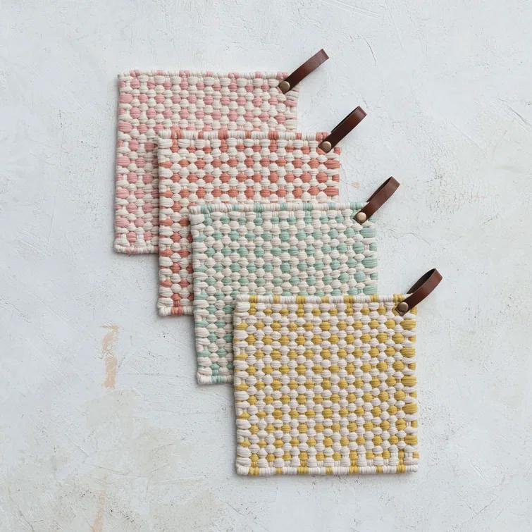 Creative Co-Op Light Hue Cotton Crocheted Pot Holder With Leather Loop (Set of 4)
