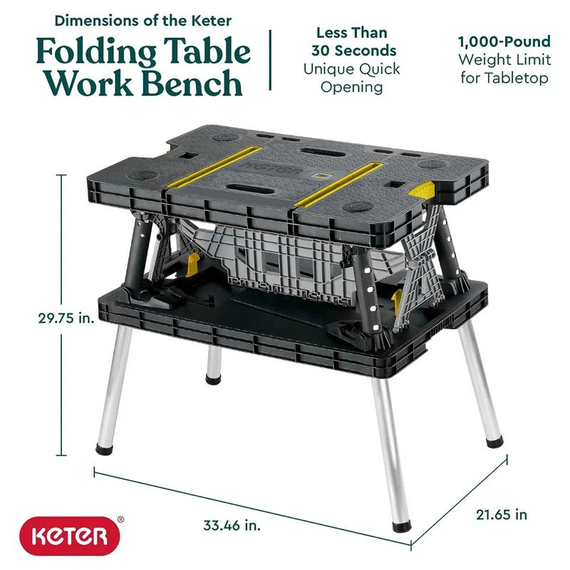 Keter Folding Portable Workbench Sawhorse with (2) 12" Clamps, Black and Yellow
