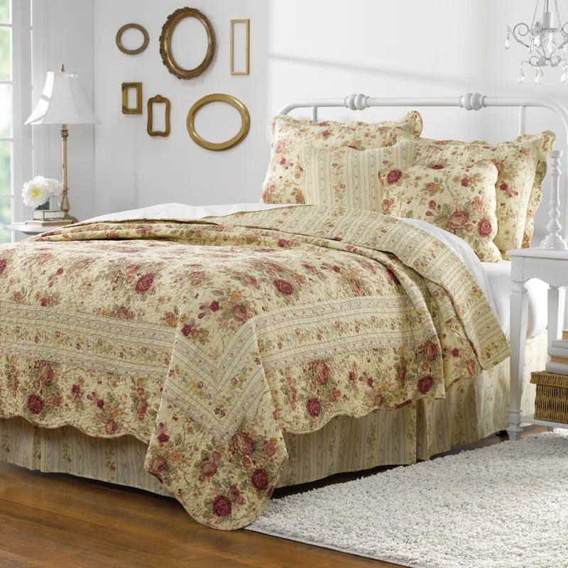 Antique Rose Cotton Reversible Quilt Set with Throw Pillows
