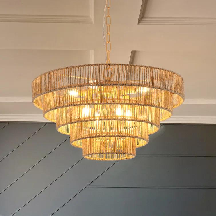 HLILish Bohemian Style Woven Pendant Light 23.6 Inch Rattan Ligh Large Rattan Pendant Light With 5-Tier Rattan Chandelier--Wood