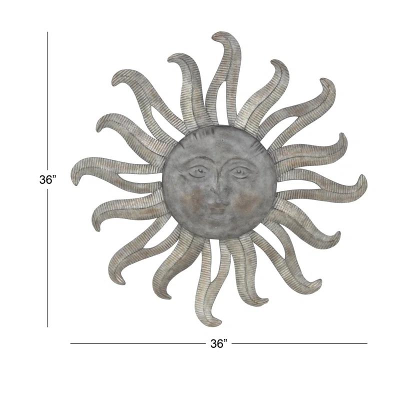 Metal Indoor Outdoor Face Sun Gray Wall Decor with Ribbed Detailing