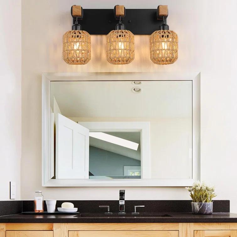 BEAUTY DEPOT Rustic Wood Bathroom Vanity Light Fixture With Boho Wicker Lampshade, 3-Light Farmhouse Wall Sconce For Bedroom, Hallway, Living Room, Black Rattan Design