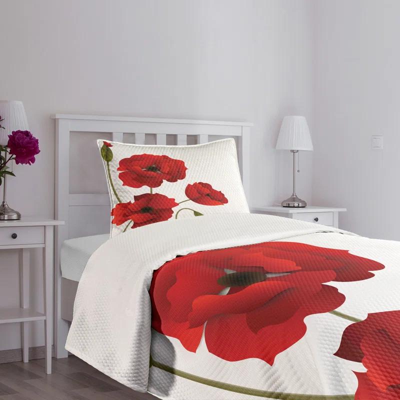 Ambesonne Ambesonne Floral Bedspread Set Flowers Petals and Buds Red Green