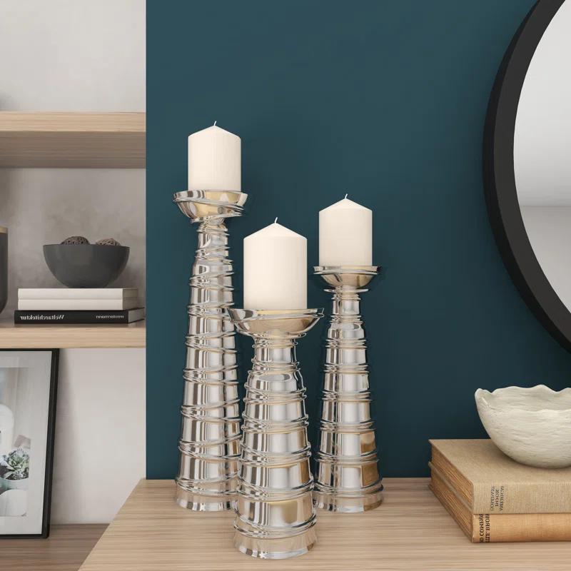 Mercer41 Ceramic Abstract Wrapped Decorative Silver Candle Holder Set