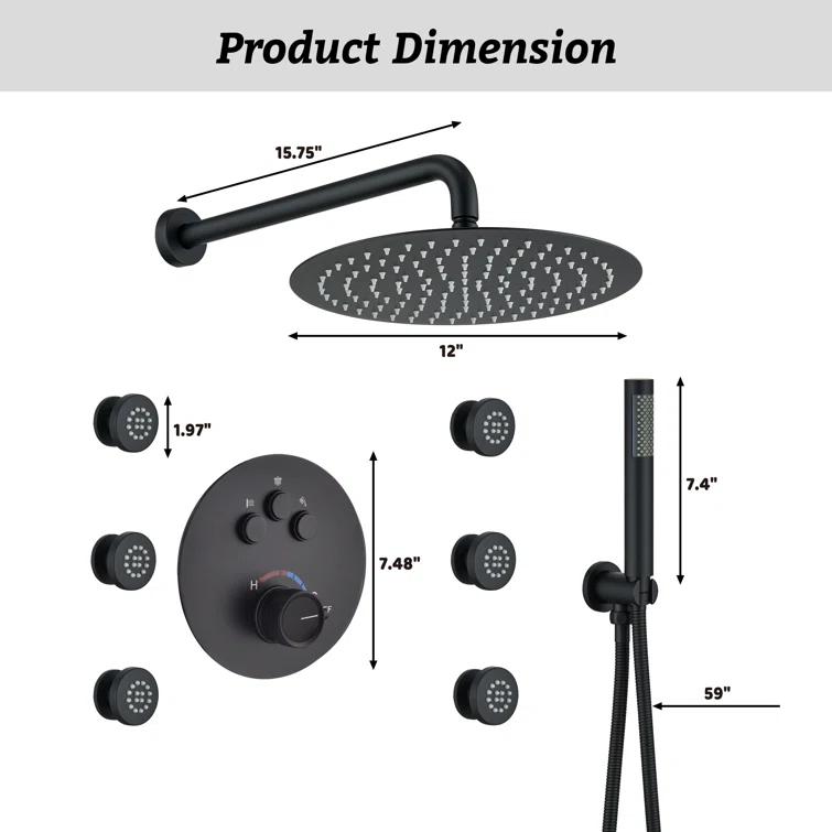 CASAINC Wall Mounted Thermostatic Complete Rainfall Shower System with 6 Body Jets and Rough-in Valve CS6823-12MB
