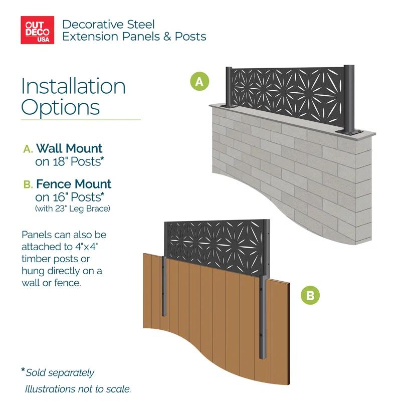 OUTDECO 16"x72" Stars Galvanized Steel Wall and Fence Extension Privacy Panel, Black
