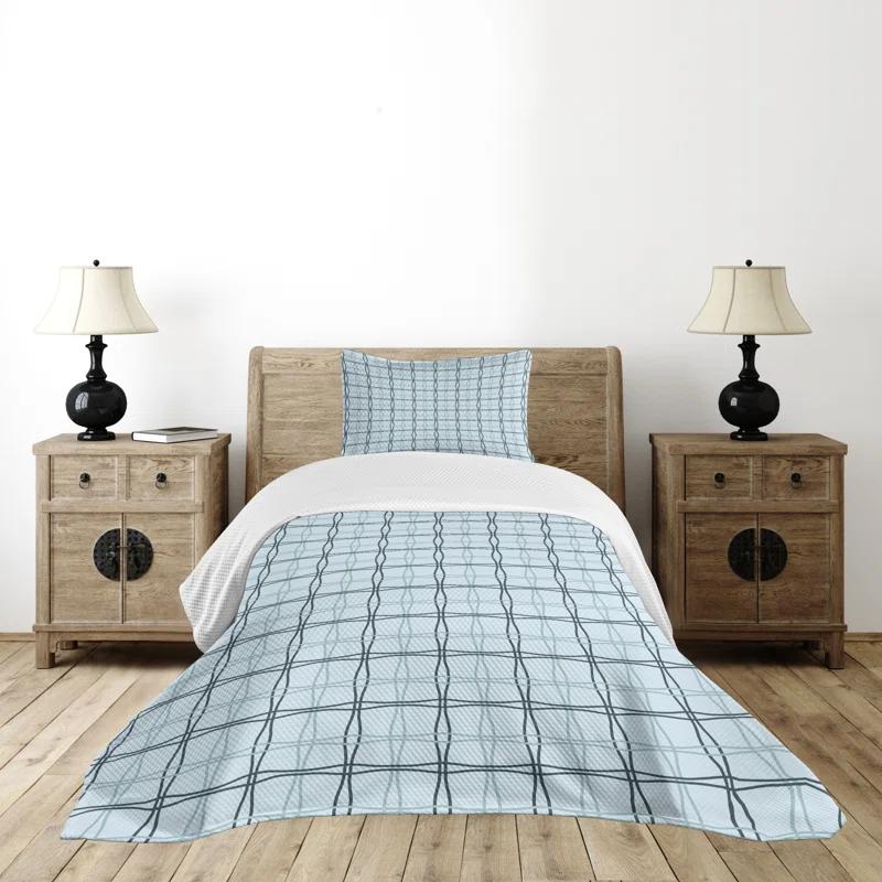 Ambesonne Ambesonne Blue Bedspread Set 2 Pcs Square Wavy Lines Patterns Twin Almond Green Slate Blue