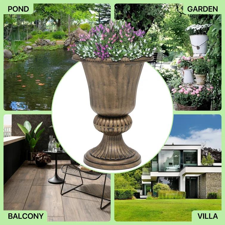 Charlton Home® Ciresila Classic Moroccan Bronze Urn Planter Decorative Outdoor Flower Pot with Stand for Garden Front Column and Wedding Decor