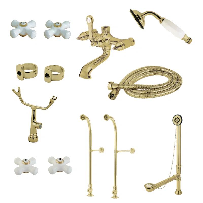 Kingston Brass Vintage Three-Handle 2-Hole Freestanding Clawfoot Tub Faucet Package with Supply Line, Hand Shower and Tub Drain