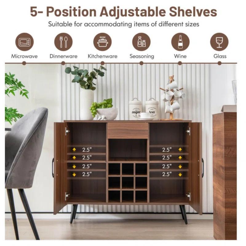 George Oliver Mid-Century Modern Buffet Sideboard Server Cabinet With 9-Bottle Wine Rack