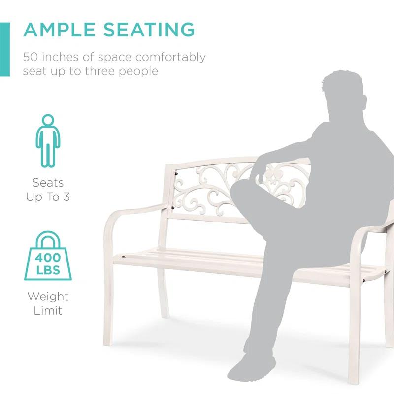 Alcott Hill® Outdoor Steel Bench Garden Patio Porch Furniture W/ Floral Design Backrest