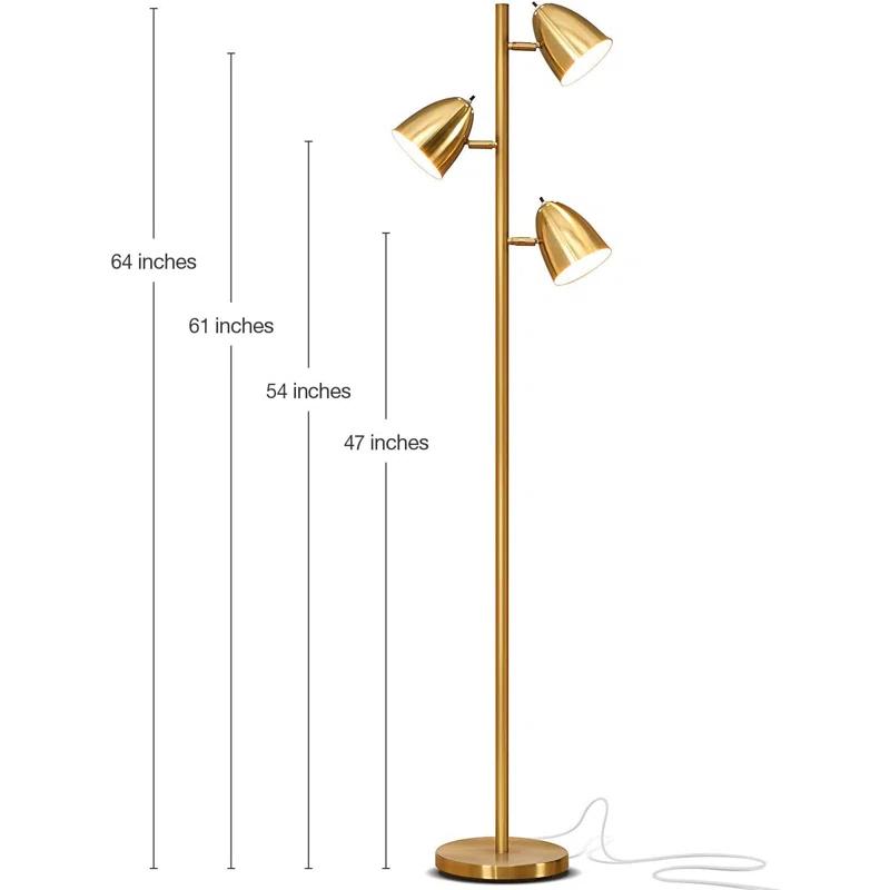 Brightech Jacob 64" Modern 3-Light Adjustable LED Floor Lamp with Gold Brass Finish and Metal Cone Shades, Bulbs Included