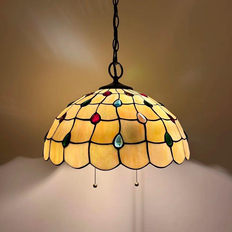 Astoria Grand Paladora Tiffany Pendant Lights Gold Stained Glass Crystal Beans LED Bulbs Included 16" W*16" D*75" H