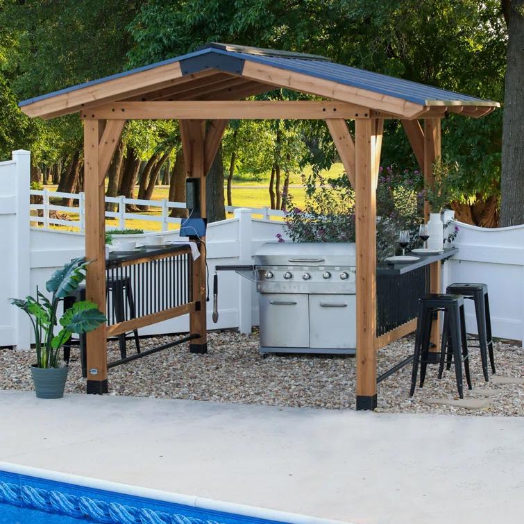 Backyard Discovery Backyard Discovery Granada 10' x 9' Cedar Wood Outdoor BBQ Grill Gazebo with Hardtop Galvanized Steel Roof and Bar Tops