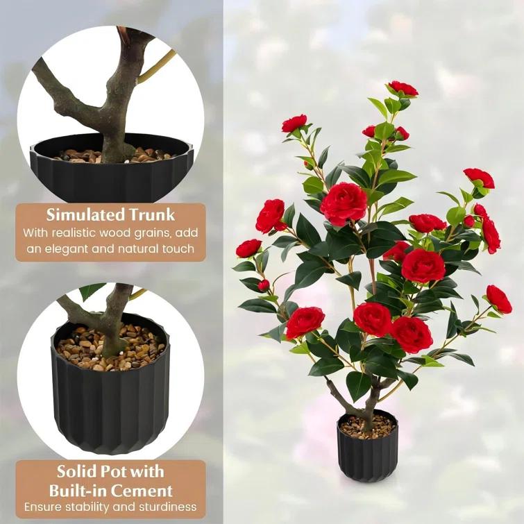 Primrue 38 In. Faux Camellia Tree In Pot Decorative Plant Indoor/Outdoor