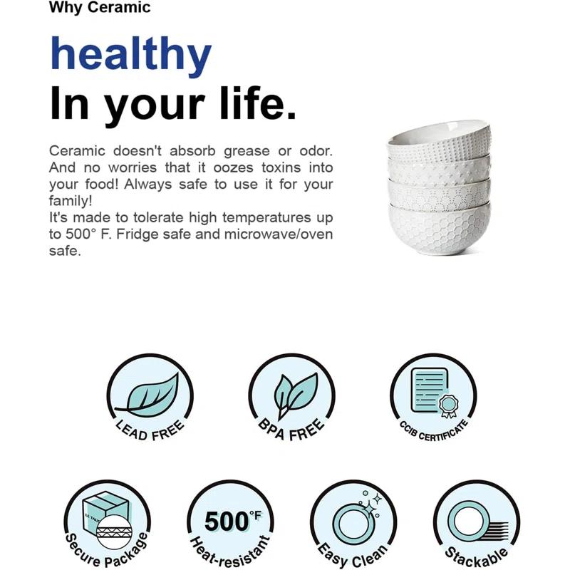 Winston Porter Large Soup Bowl 42 OZ, Ceramic Kitchen Bowl Set For Soup, Pho, Chip, Pasta, Fruits, Salad, Noodle And Ramen- 7 Inch, Set Of 4, Arctic White