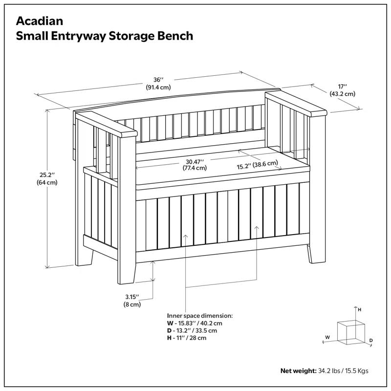 Simpli Home Acadian Solid Wood Entryway Storage Bench with Lift-Top Lid and Dual Compartments