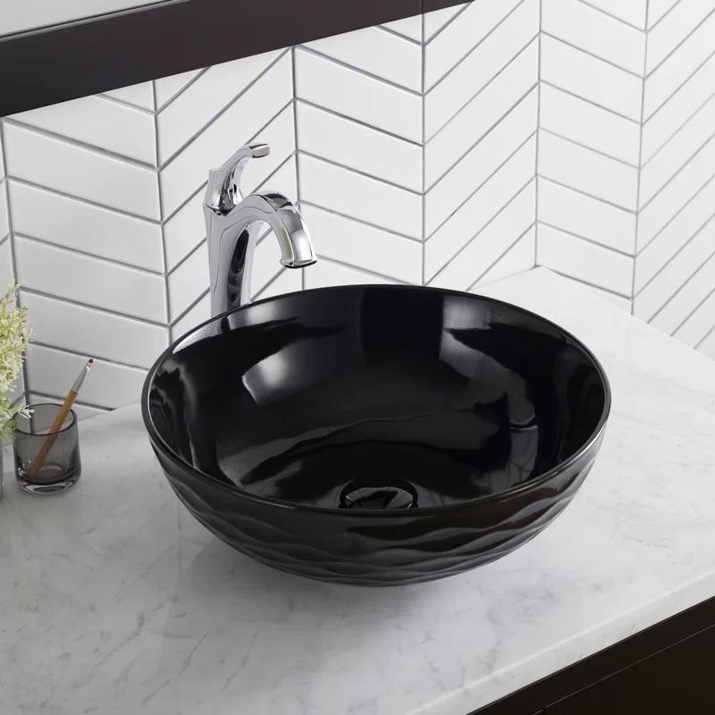 KRAUS Viva Thin Porcelain Ceramic Vessel Bathroom Sink with Pop-Up Drain