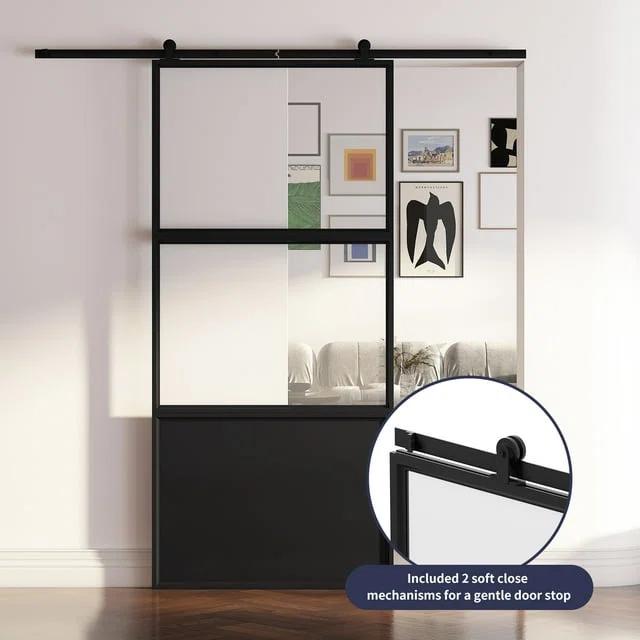 TREEBLING 84" Metal and Glass Sliding Barn Door with Two-Way Soft Close and Installation Hardware Kit