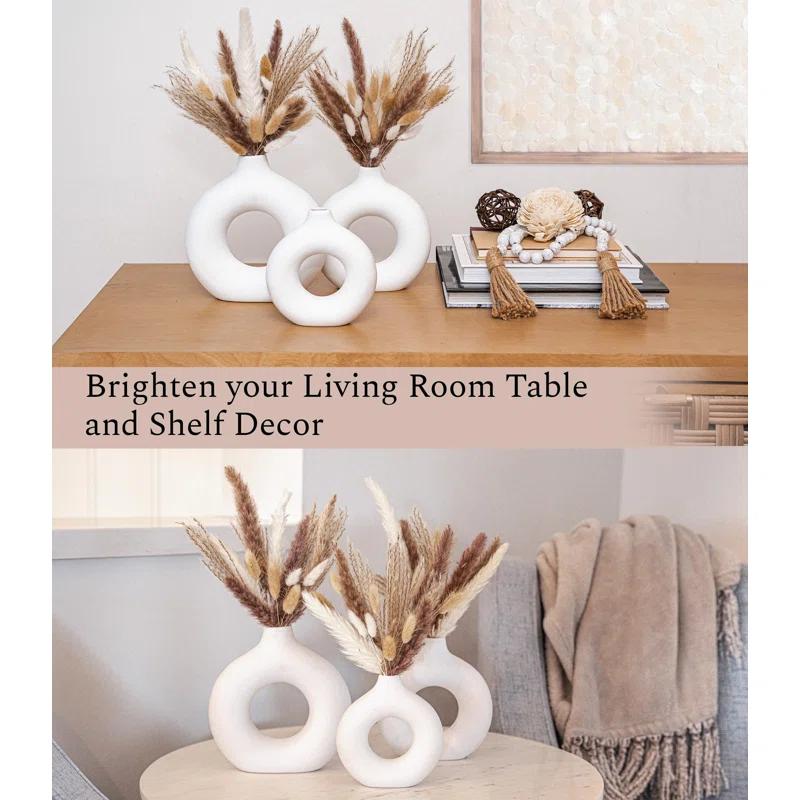 VELOVA Set of 3 White Ceramic Vase with 65 PCS Dried Pampas Grass Flowers Aesthetic Boho Modern Small Round Cute Vases for Decor Living Room Coffee Table Shelf Bedroom Office Desk Home Gifts Women Mom