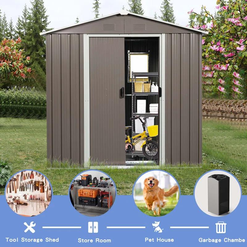 HONGHELEWANG 8Ft X 4Ft Outdoor Metal Storage Shed With Window And Metal Foundation,Gray | Wayfair
