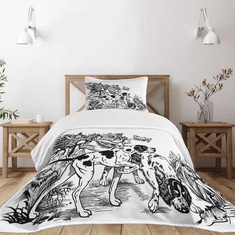 Ambesonne Ambesonne Hunting Bedspread Dogs in Forest Black White