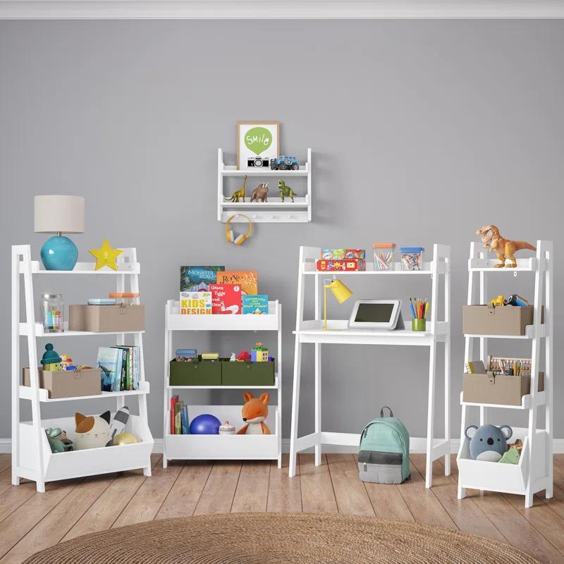 RiverRidge Home RiverRidge Kids 4-Tier 13in Ladder Shelf Toy Organizer and Book Storage with 3 Open Display Shelves- White with Two 5" Fabric Bins