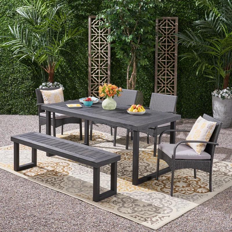 Williston Forge Rhinehart 6 - Person Acacia Wicker Patio Dining Set with Rectangular Table , Cushions Included