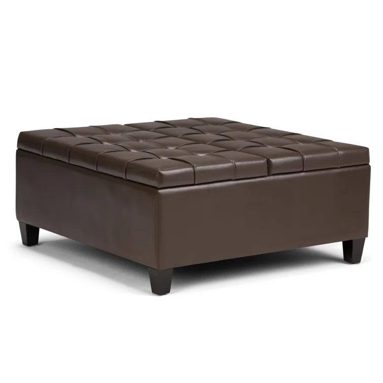 Simpli Home Harrison 36"W Upholstered Square Coffee Table Storage Ottoman with Split Lift Top