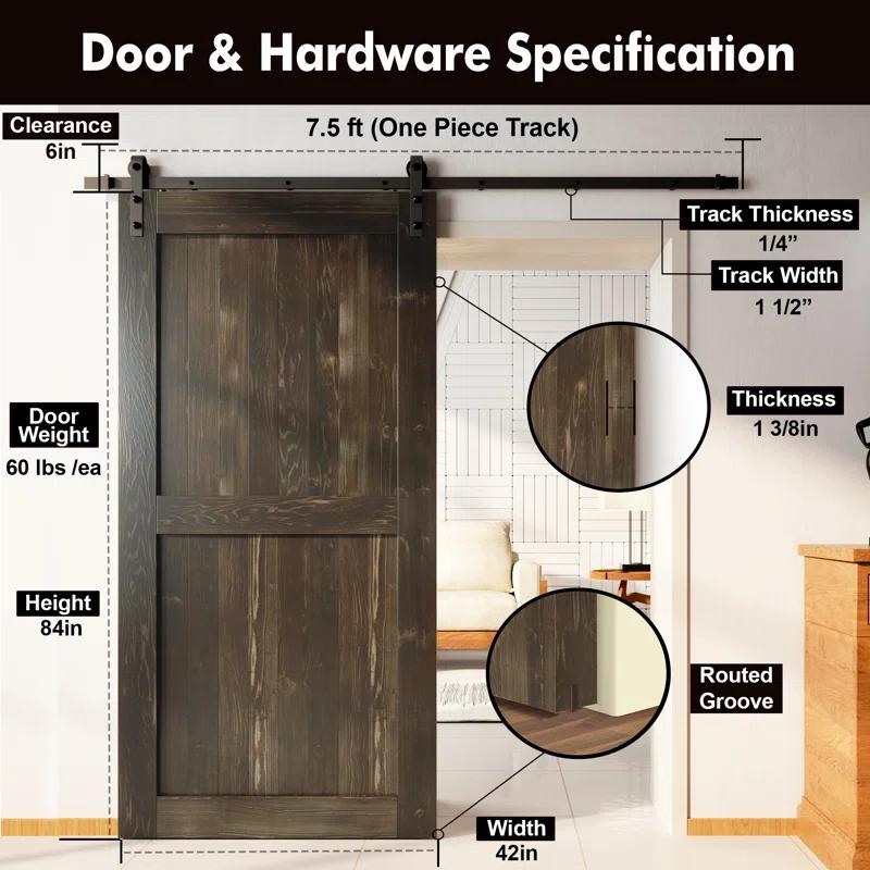 Homacer H Design Color Solid Pine Wood Unassembled Door with Black Rustic Installation Hardware Kit