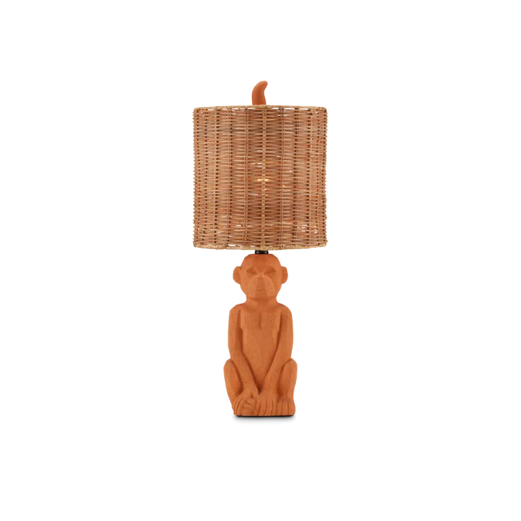 Terracotta Monkey Sculpture Table Lamp with Natural Rattan Shade