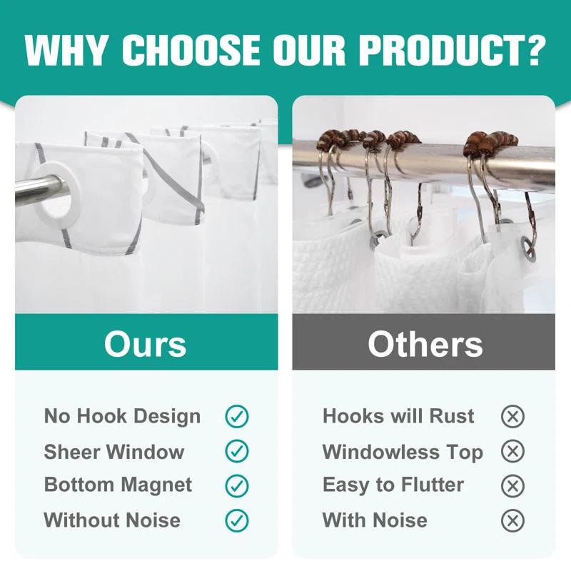 Ivy Bronx No Hook Grey White Striped Shower Curtain With Snap In Fabric Liner Set - Hotel Liner Set With See Through Mesh Top Window,Machine Washable, 71X74 INCH