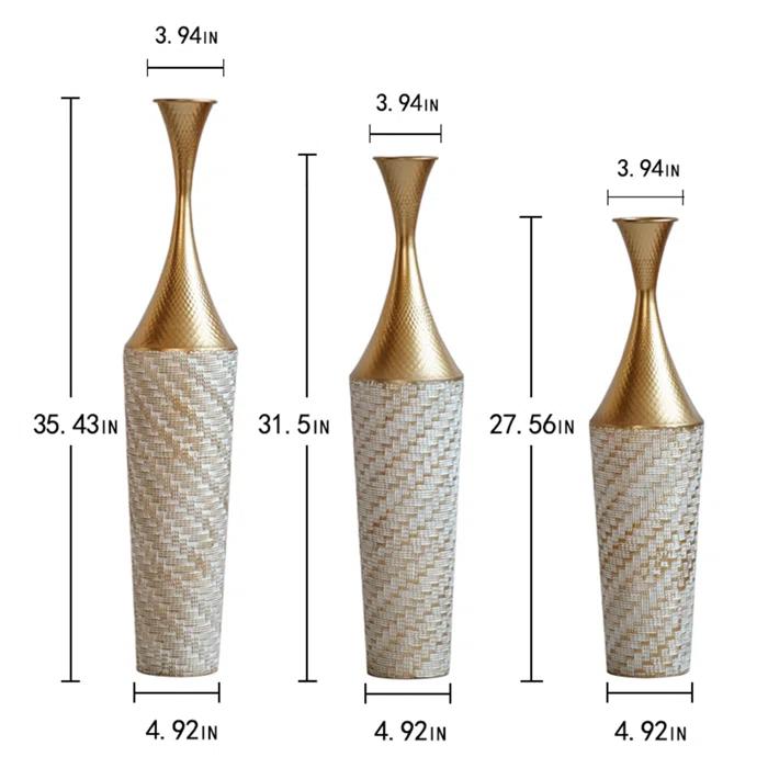 Everly Quinn Medhansh Metal Floor Vase (Set Of 3), Tall Large Flower Vase With Tapered Opening & Lattice Weave Texture, Antique Gold Finish