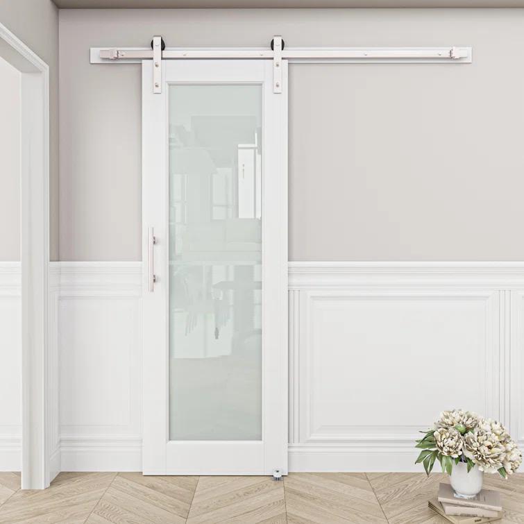 Home Worthy Frosted Glass Solid Manufactured Wood Painted Sliding Barn Door with Nickel-Hardware Kit(No Assembly Required)
