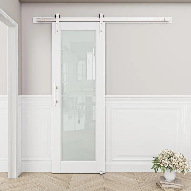 Home Worthy Frosted Glass Solid Manufactured Wood Painted Sliding Barn Door with Nickel-Hardware Kit(No Assembly Required)
