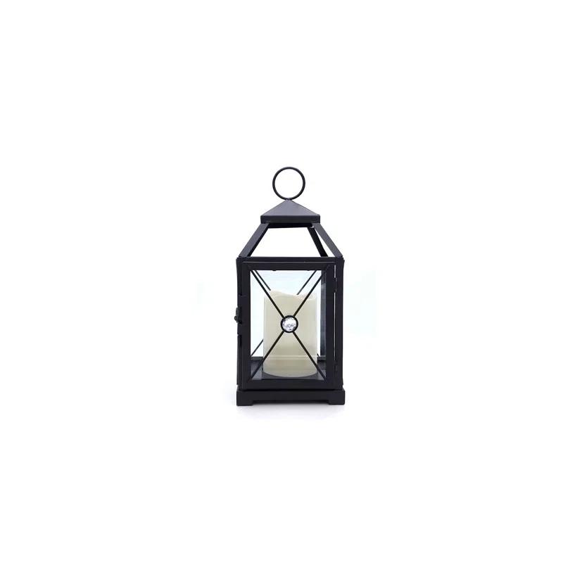 LumaBase Black Gem Metal Lantern with Battery-Operated Candle