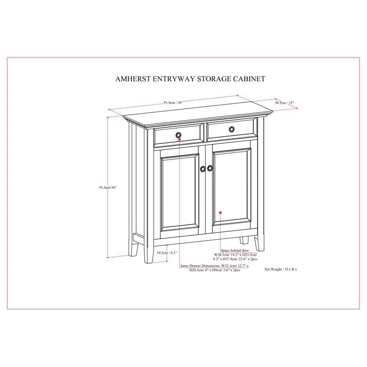 Simpli Home Amherst 36"W Solid Wood 2-Shelf Entryway Storage Cabinet with 2 Drawers and Adjustable Shelves