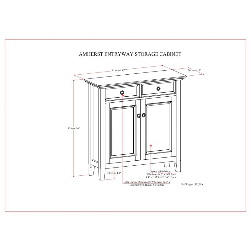 Simpli Home Amherst 36"W Solid Wood 2-Shelf Entryway Storage Cabinet with 2 Drawers and Adjustable Shelves